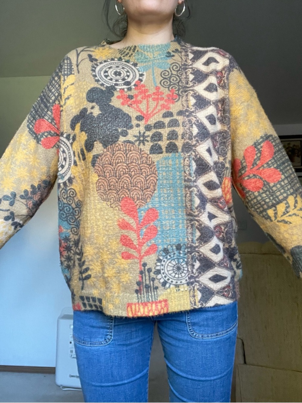 VTG Art Teacher Patterned Women's Pullover Sweater - Mustard Size LARGE